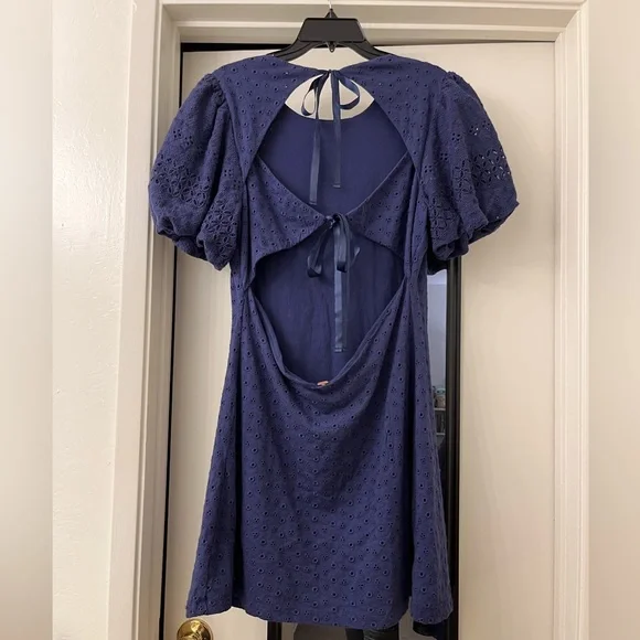NWT Free People Apricot Rose Puff Sleeve Eyelet Dress in Living Indigo - Picture 7 of 14